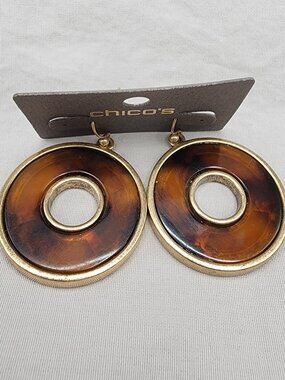 Chico's Tortoise Shell Style Gold Tone Circle Drop Earrings NWT